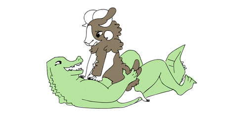 anthro cowgirl_position duo female from_front_position genitals looking_pleasured male male/female on_bottom on_top penetration penis sex vaginal vaginal_penetration vulva dubindore powrshield bovid caprine crocodilian mammal reptile scalie sheep 16:9 animated short_playtime widescreen