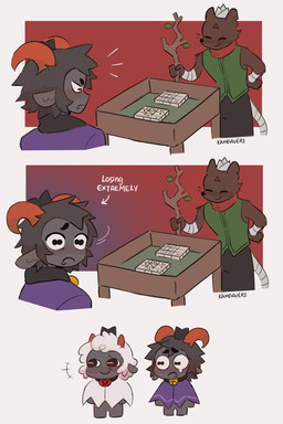 3_panel_comic age_difference anthro bandage bell bell_collar black_body black_fur board_game bodily_fluids cane cape clothed clothing collar dice elderly_male facial_scar fur group horizontal_pupils horn lost male multicolored_body multicolored_fur older_male pupils red_horn sad scar smile tail tears text trio white_body white_fur wool_(fur) younger_male kandavers cult_of_the_lamb massive_monster_(studio) goat_(cult_of_the_lamb) lamb_(cult_of_the_lamb) ratau_(cult_of_the_lamb) bovid caprine goat mammal murid murine rat rodent sheep 2026 2:3 comic english_text hi_res