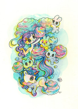 alternative_fashion ambiguous_gender anthro bangs big_eyes big_head blue_body blue_fur blue_hair candy chibi cotton_candy dessert eating eating_food eyelashes fairy_kei female feral fluffy food fur group hair hooves horn j-fashion kemono pigtails pointy_ears prick_ears purple_hair rabbit_ears round_ears sparkles sparkling_body sparkling_eyes sparkling_hair sparkling_hooves sparkling_horn sparkling_tail superflat tail unicorn_horn white_body yurie_sekiya mythology bear domestic_cat equid equine felid feline felis food_creature human lagomorph leporid mammal mythological_creature mythological_equine rabbit unicorn color_contrast colorful_theme hi_res painting_(artwork) pastel_theme traditional_media_(artwork) traditional_painting_(artwork) traditional_watercolor_(artwork) watercolor_(artwork)