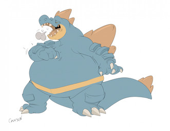 anthro belly big_belly blue_body burping male open_mouth overweight overweight_male sharp_teeth teeth tongue canson nintendo pokemon feraligatr generation_2_pokemon pokemon_(species) hi_res