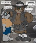 anthro bathroom belt biped black_nose black_text blue_bottomwear blue_clothing blue_sclera blue_shorts boots bottomwear brown_body brown_fur bulge clothing cowboy_boots cowboy_hat detailed_bulge dialog_balloon dominant dominant_male duo exclamation_point facial_hair footwear fur gloves grey_body grey_fur handwear hat headgear headwear john-luke_maverick male male/male male_anthro mirror mustache orange_clothing orange_shirt orange_t-shirt orange_topwear plantigrade shirt shoes shorts smile t-shirt text topwear urinal vest brucebadger bruce_(brucebadger) bear mammal hi_res