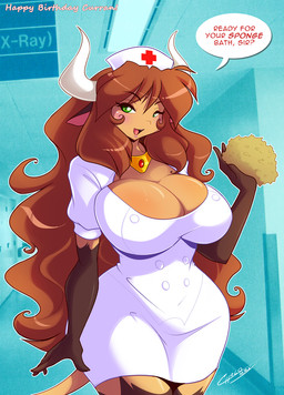 anthro big_breasts breasts brown_body brown_fur brown_hair cleavage clothed clothing curvy_figure dialogue eyebrows eyelashes female fur green_eyes hair headdress horn huge_breasts humanoid_face long_hair looking_at_viewer mature_anthro mature_female nurse nurse_clothing nurse_uniform open_mouth solo sponge tail talking_to_viewer teeth text thick_thighs tongue uniform voluptuous wide_hips chalo las_lindas diana_linda bovid bovine cattle mammal english_text signature