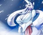 anthro big_breasts blue_eyes blue_hair breasts clothing day-t erect_nipples female froslass hair japanese_clothing kimono long_hair looking_at_viewer looking_down mask nintendo nipples pokémon smile snow solo video_games
Rating: Questionable
Score: 11
User: Finchmaster
Date: January 20, 2014