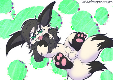2_missing_limbs 2_tails amputee animal_genitalia balls black_body clothed clothing crossdressing disability femboy feral fully_sheathed fur genitals hair looking_at_viewer male missing_all_arms multi_tail nude open_mouth pawpads paws sheath solo tail text white_body mrpandragon nintendo pokemon jei_laule eevee generation_1_pokemon pokemon_(species) absurd_res english_text hi_res