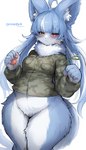 5_fingers ahoge anthro blue_body blue_fur blue_hair blush bottomless bottomless_anthro bottomless_female breasts camo camo_clothing camo_print cheek_tuft claws clothed clothing crossgender facial_tuft female female_anthro finger_claws fingers fluffy forked_tail fur hair heterochromia inner_ear_fluff jacket kemono long_hair looking_at_viewer mtf_crossgender multicolored_body multicolored_fur neck_tuft pattern_clothing pawpads pear-shaped_figure red_eyes small_breasts solo tail thick_thighs topwear tuft two_tone_body two_tone_fur unusual_anatomy unusual_tail white_body white_fur wide_hips yellow_eyes suurin_2 japan_air_self-defense_force omaneko_(jasdf) domestic_cat felid feline felis mammal 2023 absurd_res digital_media_(artwork) hi_res portrait three-quarter_portrait male_(lore)