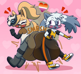 anthro bandage blush boots clothed clothing combat_boots crop_top diaper diaper_bump duo excessive_feces feces female female/female fingerless_gloves fluffy fluffy_tail footwear fur gloves grey_body grey_fur hair handwear head_tuft heart_symbol hyper hyper_feces hyper_soiling impact_lines jacket jumpsuit knee_pads lesbian_pride_colors lgbt_pride long_tail looking_at_another mask narrowed_eyes open_mouth ponytail pooping prehensile_tail pride_colors purple_eyes shirt shoes smile soiled_diaper soiling soiling_diaper tail tail_tuft tan_body tan_fur tan_hair topwear tuft unclean_diaper used_diaper using_diaper wearing_diaper white_body white_fur nyxiettenyxstar idw_publishing sega sonic_the_hedgehog_(comics) sonic_the_hedgehog_(idw) sonic_the_hedgehog_(series) tangle_the_lemur whisper_the_wolf canid canine canis lemur mammal primate strepsirrhine wolf hi_res