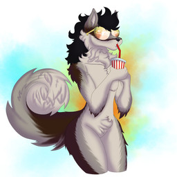 ambiguous_gender anthro black_hair drinking eyewear fur glasses grey_body grey_fur hair solo tail foxgumie canid canine canis mammal wolf 1:1 hi_res