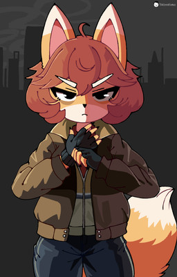 anthro brown_hair clothing cosplay dipstick_ears ear_markings eyebrows fingerless_gloves gloves hair handwear jacket leather leather_clothing leather_jacket leather_topwear male multicolored_ears parody solo topwear track_pants white_eyebrows voider_(artist) grand_theft_auto grand_theft_auto_iv rockstar_games bully_fox niko_bellic canid canine fox mammal absurd_res hi_res