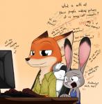 anthro bare_shoulders buckteeth celebrity_paradox computer confusion desk dialogue duo electronics female fur furniture green_eyes grey_body grey_fur humor inner_ear_fluff long_ears male orange_body orange_fur purple_eyes self_search smile smug table teeth text the_truth tuft sandwich-anomaly disney zootopia judy_hopps nick_wilde canid canine fox lagomorph leporid mammal rabbit red_fox true_fox 2016 english_text