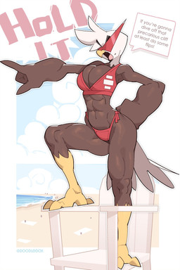 abs anthro avian_feet beach beak big_breasts bikini breasts brown_body cleavage cleavage_overflow clothed clothing dialogue eyewear female gesture hand_gesture head_tuft lifeguard lifeguard_chair lifeguard_swimsuit muscular muscular_anthro muscular_female navel non-mammal_breasts non-mammal_navel open_beak open_mouth pointing red_bikini red_clothing red_swimwear side-tie_bikini solo standing string_bikini sunglasses swimwear text thick_thighs tuft two-piece_swimsuit white_body doodledox carol_(doodledox) accipitrid accipitriform avian bald_eagle bird eagle sea_eagle 2025 2:3 english_text hi_res