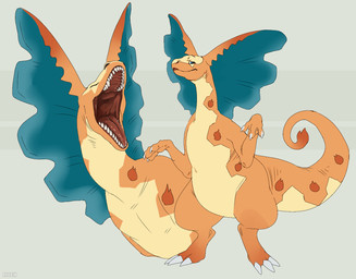 ambiguous_anthro ambiguous_gender anthro blue_eyes blue_frill eyelashes fangs frill_(anatomy) looking_at_viewer mouth_closed neck_frill open_mouth orange_body semi-anthro sharp_teeth solo standing teeth yellow_body roobin nintendo pokemon aurorus charizard fossil_pokemon generation_1_pokemon generation_6_pokemon hybrid pokemon_(species) hi_res