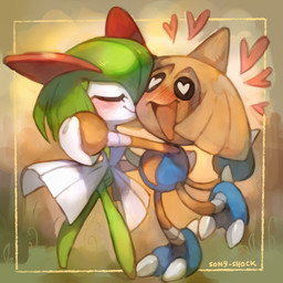 ambiguous_gender blush blush_lines brown_body brown_pseudo_hair claws dancing duo eyes_closed grass green_pseudo_hair heart_eyes heart_symbol open_mouth plant pseudo_hair smile tongue white_body sony-shock nintendo pokemon generation_2_pokemon generation_3_pokemon hitmontop humanoid kirlia pokemon_(species) 1:1 2025 hi_res signature