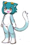 anthro blue_hair blush fangs female flat_chested genitals hair hair_bobbles kemono loli nipples nude open_mouth pussy short_hair simple_background solo standing teeth white_background young young_anthro young_female 3yo4yo5yo domestic_cat felid feline felis mammal hi_res