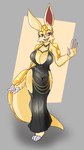 anthro big_breasts black_clothing black_dress breasts cleavage clothed clothing dress eyebrows eyelashes female looking_at_viewer open_mouth open_smile pink_eyes scales smile solo wide_hips yellow_body yellow_scales solratic hollow_hip_backless_chain_dress meme_clothing trish_(jamoart) mammal pangolin 2024 hi_res meme