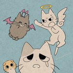 ambiguous_gender angel_and_devil blue_background feral group halo simple_background whiskers mojacookie shikaruneko_(series) amayakasuneko nagameruneko shikaruneko ureuneko angel demon domestic_cat felid feline felis mammal 1:1 official_art