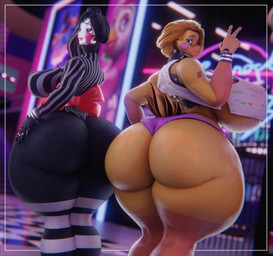 5_fingers anthro areola beak big_breasts big_butt black_body black_hair blonde_hair blue_eyes breast_size_difference breasts butt clothing duo female fingers gesture hair hand_gesture huge_breasts huge_butt hyper hyper_breasts legwear looking_at_viewer looking_back looking_back_at_viewer machine orange_beak orange_body panties qr_code topwear underwear v_sign yellow_body sunr4y sunr4y_(modeler) five_nights_at_freddy's five_nights_at_freddy's_2 scottgames marionette_(fnaf) toy_chica_(fnaf) animatronic avian bird chicken galliform phasianid robot 2022 3d_(artwork) digital_media_(artwork) hi_res