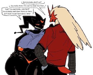 anthro big_breasts breasts clothed clothing duo female friends_with_benefits male skimpy smug_smile text thick_thighs wide_hips randidesu nintendo pokemon blaziken_(randidesu) myuto_(randidesu) banette blaziken generation_3_pokemon pokemon_(species) english_text