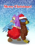 avian_feet beak blue_body christmas_clothing christmas_headwear clothing eyes_closed feathered_wings feathers feral green_eyes hat headgear headwear holiday_message holidays male open_mouth paws pink_body quadruped santa's_bag santa_hat text wings doesnotexist gyrotech christmas mythology gyro_feather saewin avian bird galliform gryphon mythological_avian mythological_creature peafowl phasianid absurd_res digital_media_(artwork) english_text hi_res