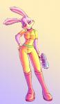 anthro clothing female fur gloves gun handwear looking_at_viewer pink_body pink_fur ranged_weapon simple_background smile solo standing tight_clothing weapon naaraskettu nintendo star_fox lucy_hare hare lagomorph leporid mammal absurd_res hi_res