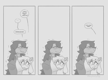 ambiguous_gender anthro blush breasts clothed clothing dialogue duo ellipsis eyewear female glasses hair horn hug long_hair mostly_offscreen_character nervous non-mammal_breasts nude overwhelmed question shaking averysweatyboy deltarune undertale_(series) ralsei susie_(deltarune) bovid caprine darkner goat mammal reptile scalie comic monochrome male_(lore)