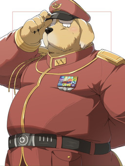 5_fingers anthro belly big_belly black_nose blush claws clothed clothing fingers hat headgear headwear humanoid_hands kemono male mature_male overweight overweight_male simple_background solo emufu nintendo star_fox general_pepper canid canine canis domestic_dog mammal 2026 3:4 hi_res