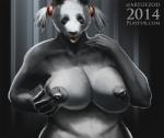 2014 anthro artofzod bear bhavfox big_breasts black_nipples black_nose breasts clothed clothing curvy_figure female giant_panda mammal mature_anthro mature_female nipples nude pigtails slightly_chubby solo stocky teasing text tongue topless url voluptuous