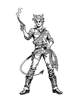 belt belt_buckle boots bottomwear buckle bullet_belt clothing collared_shirt cowboy_boots denim denim_bottomwear denim_clothing dress_shirt footwear gun hair hand_on_hip handgun holster horn jeans lasso male messy_hair pants pockets pointy_ears pose ranged_weapon revolver shirt shoes smoke solo spiked_tail spikes spikes_(anatomy) standing tail topwear weapon postto deadlock_(game) valve apollo_(deadlock) demon humanoid ixian black_and_white hi_res monochrome traditional_media_(artwork)