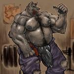 animal_genitalia anthro belly belt biceps big_biceps big_penis biped black_nose bodily_fluids body_hair bottomwear brown_eyes chest_hair cigar claws clothed clothing cum cum_on_penis detailed_background erection facial_hair foreskin front_view fur genital_fluids genitals gesture grey_body grey_fur grey_hair hair hand_gesture hand_on_leg hand_on_thigh happy_trail huge_penis knot looking_at_viewer male manly mature_anthro mature_male muscular muscular_anthro muscular_male nipples nude open_mouth overly_muscular pants paper partially_retracted_foreskin paws pecs penis pose poster precum smile smoking solo standing sweat teeth text thick_nipples thick_penis thumbs_up tongue tongue_out topless unzipped vein veiny_penis zipper dramamine canid canine canis domestic_dog mammal wolf 1:1 english_text