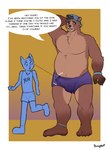 anthro belly bodily_fluids bulge clothed clothing cum duo erection erection_under_clothing genital_fluids genitals male muscular overweight overweight_male slightly_chubby text bunnyfeet teo bear brown_bear mammal ursine himbo english_text hi_res