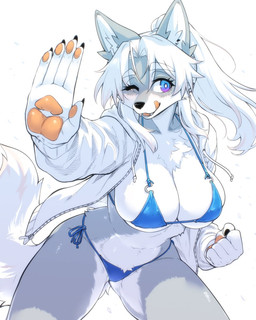 anthro big_breasts bikini blue_bikini blue_clothing blue_swimwear breasts chest_tuft clothing eyebrow_through_hair eyebrows eyelashes fangs female fur grey_body grey_fur hair hand_pawpads hoodie inner_ear_fluff kemono leaning leaning_forward licking licking_lips long_hair one_eye_closed pawpads ponytail side-tie_bikini solo string_bikini swimwear teeth tongue tongue_out topwear translucent translucent_hair tuft two-piece_swimsuit white_body white_fur white_hair wink ookamiwaho okami_bark canid canine canis mammal wolf 2026 4:5 hi_res