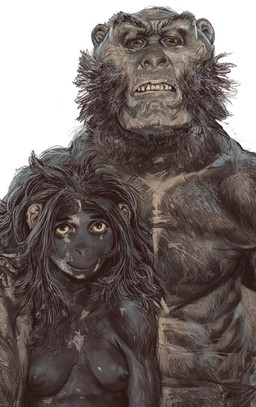 breasts brown_eyes female fur looking_at_viewer male nipples teeth mossa australopithecus hominin humanoid mammal primate invalid_tag hi_res