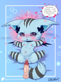 anthro areola back_wings biped black_eyes black_sclera blush bodily_fluids bow_accessory cheek_tuft chibi collar collar_only cute_fangs dialogue disembodied_penis dripping duo ear_tuft erection facial_tuft fangs female flat_chested front_view fur genital_fluids genitals glans grey_body grey_fur grey_stripes head_markings heart_symbol humanoid_genitalia humanoid_penis humanoid_vulva inviting looking_at_genitalia looking_at_penis lying male male/female markings navel nipples nude on_back open_mouth pawpads penis pink_nose pupils ring_(marking) ringed_tail simple_background slit_pupils small_wings speech_bubble spread_legs spreading striped_arms striped_legs striped_markings striped_tail stripes sweat tail tail_markings talking_to_viewer teeth text tongue tuft vaginal_fluid_drip vaginal_fluids vulva wings young young_anthro young_female ultama_lokshar beatcats sanrio chelsea_(beatcats) domestic_cat felid feline felis mammal 2026 alternate_version_at_paywall english_text hi_res