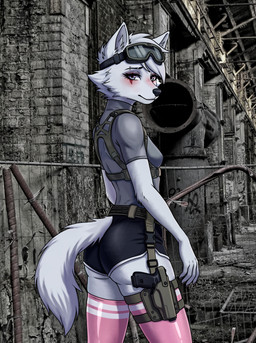 anthro black_bottomwear black_clothing black_shorts blue_eyes bottomwear breasts bulletproof_vest butt clothed clothing eyewear facial_scar female fingers fur goggles grey_clothing grey_eyes grey_shirt grey_topwear gun handgun holster holstered_pistol hotpants latex latex_clothing latex_legwear latex_stockings legwear looking_at_viewer male pink_stockings pistol ranged_weapon scar shirt shorts slight_smile smile solo stockings tactical_gear tail topwear weapon white_body white_fur kawasakiwind glock lyubov_karpova canid canine mammal absurd_res digital_drawing_(artwork) digital_media_(artwork) hi_res