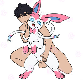 balls black_hair black_nose blue_eyes bow_tie duo feet female feral fur genitals hair male male/female nude open_mouth penile penis pink_ears pink_feet sex simple_background smile white_body white_fur passey_voppy nintendo pokemon eeveelution generation_6_pokemon human mammal pokemon_(species) sylveon hi_res