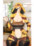 anthro big_breasts blue_eyes blush bra breasts cleavage clothed clothing coffee_mug container cup eyewear female glasses good_morning good_wishes greeting hand_on_hip heart_after_text heart_symbol inside legwear looking_at_viewer mug narrowed_eyes non-mammal_breasts scales shirt snake_hood solo steam stockings tank_top term_of_endearment text text_on_clothing text_on_shirt text_on_tank_top text_on_topwear text_with_heart thigh_highs thong topwear underwear wide_hips yellow_body yellow_scales shmny fora cobra reptile scalie snake absurd_res hi_res