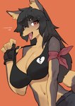 anthro big_breasts biped black_hair breasts brown_body brown_eyes cleavage clothed clothing fangs female female_anthro gloves hair handwear looking_at_viewer navel open_mouth orange_background pawpads simple_background solo teeth buta99 gum_dung_(titania) canid canine canis domestic_dog korean_jindo mammal spitz absurd_res hi_res