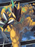 abs anthro armor broken_glass city claws detailed_background fangs glass headgear helmet jumping male muscular muscular_anthro muscular_legs muscular_male outside pecs solo teeth kira_dra_h bandai_namco digimon bulkmon digimon_(species) 3:4 absurd_res hi_res