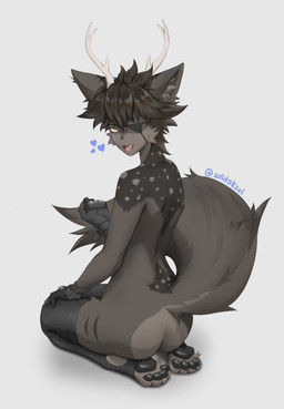 anthro antlers brown_body brown_fur clothing eye_patch eyewear fur gloves handwear horn legwear looking_at_viewer male smile solo thigh_highs yellow_eyes solidaksel canid canine canis deer hybrid mammal wolf absurd_res hi_res