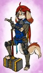 anthro brown_body brown_fur female fur hair hammer markings maul mole_(marking) pink_eyes red_hair solo tools ziegelzeig halloweek paprika_harness_(ziegelzeig) canid mammal 2022 hi_res