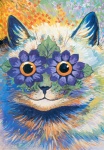 ambiguous_gender blue_body blue_fur feral flower fur green_body green_fur leaf looking_at_viewer multicolored_body multicolored_fur orange_body orange_eyes orange_fur plant smile solo surrealism what whiskers white_body white_fur louis_wain public_domain domestic_cat felid feline felis mammal 20th_century ancient_art colorful_theme formal_art traditional_media_(artwork)