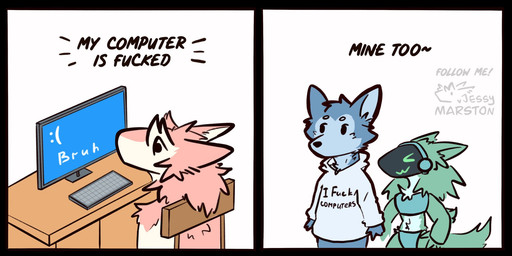 anthro blue_screen_of_death chair clothed clothing computer dialogue duo electronics female furniture hoodie keyboard machine male on_chair profanity simple_background sitting sitting_on_chair tail text topwear white_background jessy_marston canid canine mammal protogen sergal comic english_text hi_res