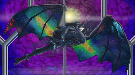 anklet anthro beads bracelet claws dancing detailed_background flexible galaxy jewelry looking_at_viewer male necklace paws pole pole_dancing solo space star wings magnus-san nightswing bat mammal 2015
