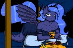 anthro anthrofied banana bed blue_body blue_feathers blue_hair breasts cleavage clothed clothing container cup feathered_wings feathers female food fruit furniture green_eyes hair holding_container holding_cup holding_object horn plant solo tail wings badenov j5furry friendship_is_magic hasbro my_little_pony mythology princess_luna_(mlp) equid equine mammal mythological_creature mythological_equine winged_unicorn 2013 3:2