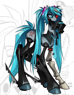 accessory alternate_species blue_eyes blue_hair blue_necktie blue_tail bone carrying_another cosplay cutie_mark cybernetic_eye cybernetics duo female feral feralized glowing glowing_eyes grey_body hair hooves long_hair machine mechanical_arm mechanical_leg necktie on_head ponification quadruped simple_background skeletal_arm solo_focus tail twintails_(hairstyle) unguligrade white_background wire zoom_layer yarnican hasbro my_little_pony vocaloid yamaha_corporation calne_ca hatsune_miku nato-kun arthropod crustacean cyborg earth_pony equid equine horse isopod malacostracan mammal pony robot robot_feral digital_drawing_(artwork) digital_media_(artwork) full-length_portrait hi_res portrait watermark
