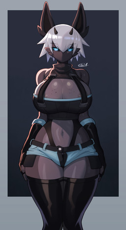 areola areola_slip big_breasts black_body blue_eyes bored bottomwear breasts clothed clothing curvy_figure featureless_face female fluffy_ears freckles gloves hair handwear horn hotpants hourglass_figure huge_breasts latex latex_clothing latex_gloves latex_handwear legwear midriff mouthless navel noseless shorts skimpy small_waist solo suspenders thick_thighs thigh_highs underwear white_hair e-zoid kay_(e_zoid) humanoid shadow_creature absurd_res hi_res
