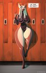 anthro big_breasts blonde_hair blue_eyes braided_hair breasts brown_body brown_fur clothing countershade_legs countershading dark_eyebrows detailed_background ears_up eyewear female fingers fur gesturing_at_viewer glasses glistening glistening_clothing hair hand_behind_back head_tilt high_collar hooved_fingers hooves leaning_on_object leotard locker locker_room long_hair long_sleeves looking_at_viewer platinum_blonde raised_leg shadow smile solo speech_bubble thick_thighs wearing_glasses hiverdose xplaysx sahra_(hiverdose) deer mammal digital_media_(artwork) full-length_portrait hi_res portrait