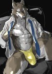 anthro biped black_eyes black_nose blue_necktie brown_body brown_fur bulge clothed clothed_anthro clothed_male clothing detailed_bulge fingers fur glistening glistening_body glistening_eyes male male_anthro multicolored_body multicolored_fur navel necktie nipples open_clothing open_shirt open_topwear pantsless pantsless_anthro pantsless_male pink_nipples pointy_ears shirt solo topwear underwear white_body white_clothing white_fur white_shirt white_topwear yellow_clothing yellow_sclera yellow_underwear kemonokoko canid canine canis mammal wolf 2023 absurd_res digital_media_(artwork) hi_res