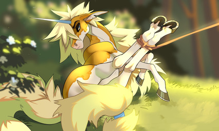 ambiguous_gender blue_eyes day detailed_background eyebrows eyelashes feral forest grass hair hooves horn outside plant solo tree drmax mythology equid equine mammal mythological_creature mythological_equine unicorn 2021 digital_media_(artwork) hi_res