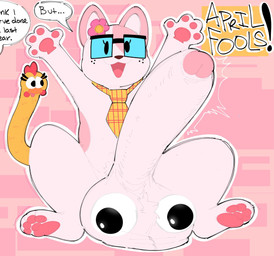 accessory anthro ball_tuft balls big_balls big_penis black_eyes black_eyewear black_glasses brown_nose cartoon_freckles erection eyelashes eyewear flower flower_on_head freckled_face freckles fur genitals glasses googly_eyes gynomorph happy holidays huge_balls huge_penis hyper hyper_balls hyper_genitalia hyper_penis intersex long_eyelashes looking_at_viewer motion_lines multicolored_body multicolored_fur multicolored_necktie necktie pawpads penis pink_background pink_body pink_ears pink_fur pink_necktie pink_pawpads plant simple_background sitting smile solo speech_bubble tail text tongue tongue_out tuft two_tone_body two_tone_fur two_tone_necktie yellow_necktie yellow_tail sushiamazing april_fools'_day april_the_fool_(acstlu) avian bird chicken domestic_cat felid feline felis galliform human mammal phasianid 2026 digital_media_(artwork) english_text