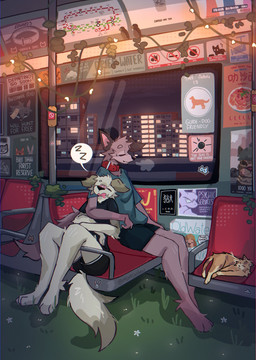 anthro barefoot bottomwear clothing collar detailed_background duo feet feral inside_train male shirt shorts sitting t-shirt text topwear train vehicle mintcashew canid canine canis domestic_cat domestic_dog felid feline felis mammal absurd_res english_text hi_res
